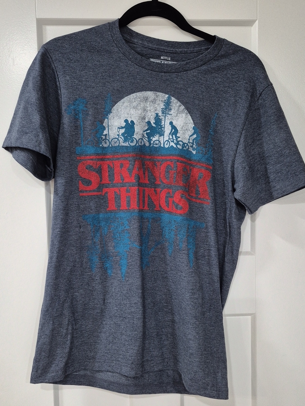 Netflix Stranger Things Tee - Heather Gray with Red & Blue Print